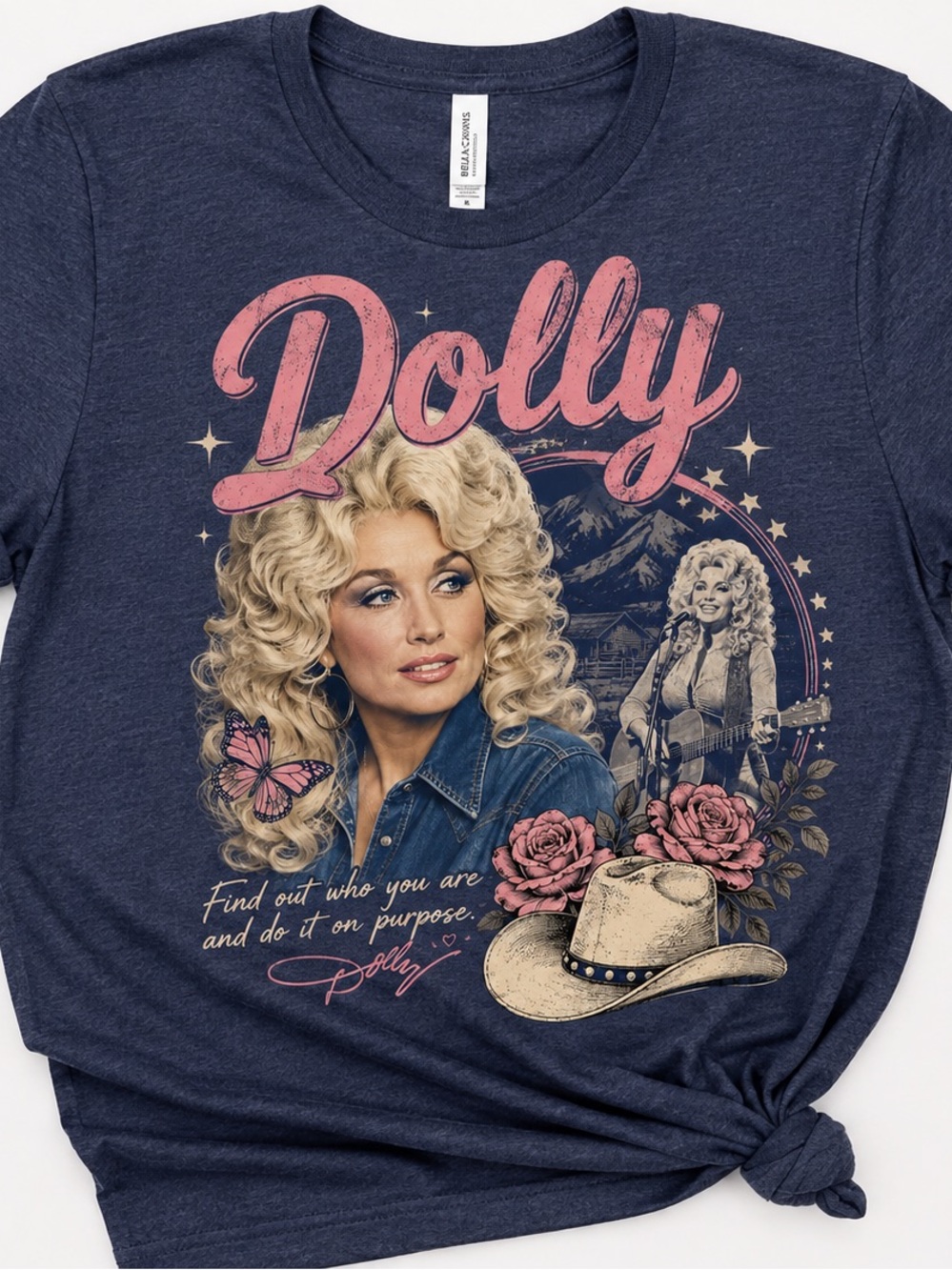 Bella Canvas Navy Dolly Graphic Tee with Pink and Cream Print